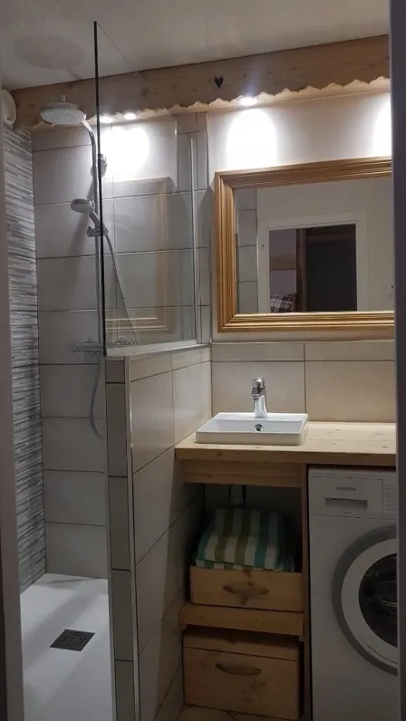 Salle d'eau : douche à l'italienne, lave linge
