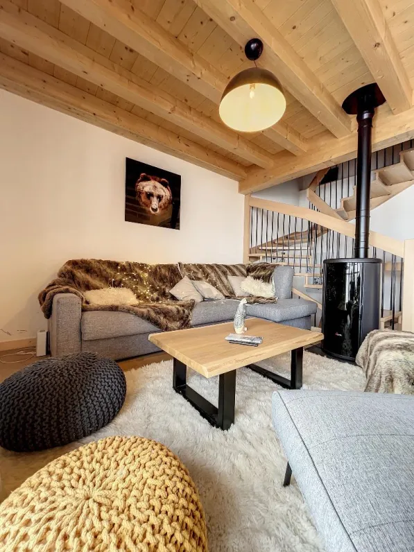 Living room with television and stove.