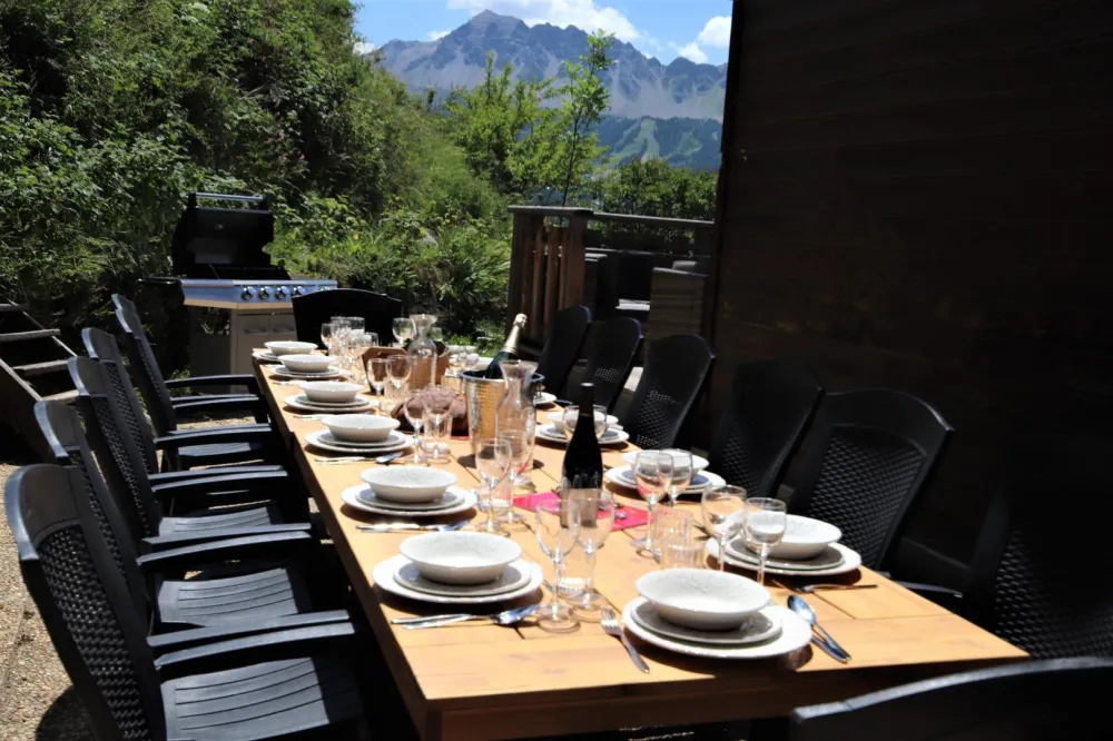 Table extérieure pour 14 personnes avec le barbecue à gaz.