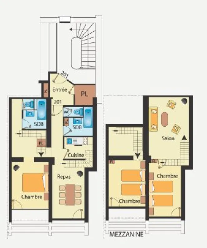 plan of the apartment: ground floor (left) and duplex (right)