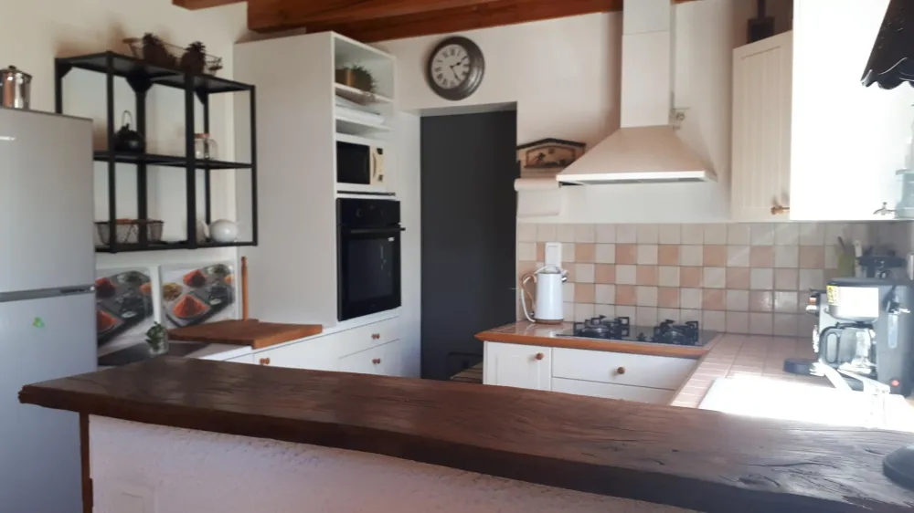 Le coin cuisine avec four, micro-onde,  réfrigérateur congélateur, lave vaisselle