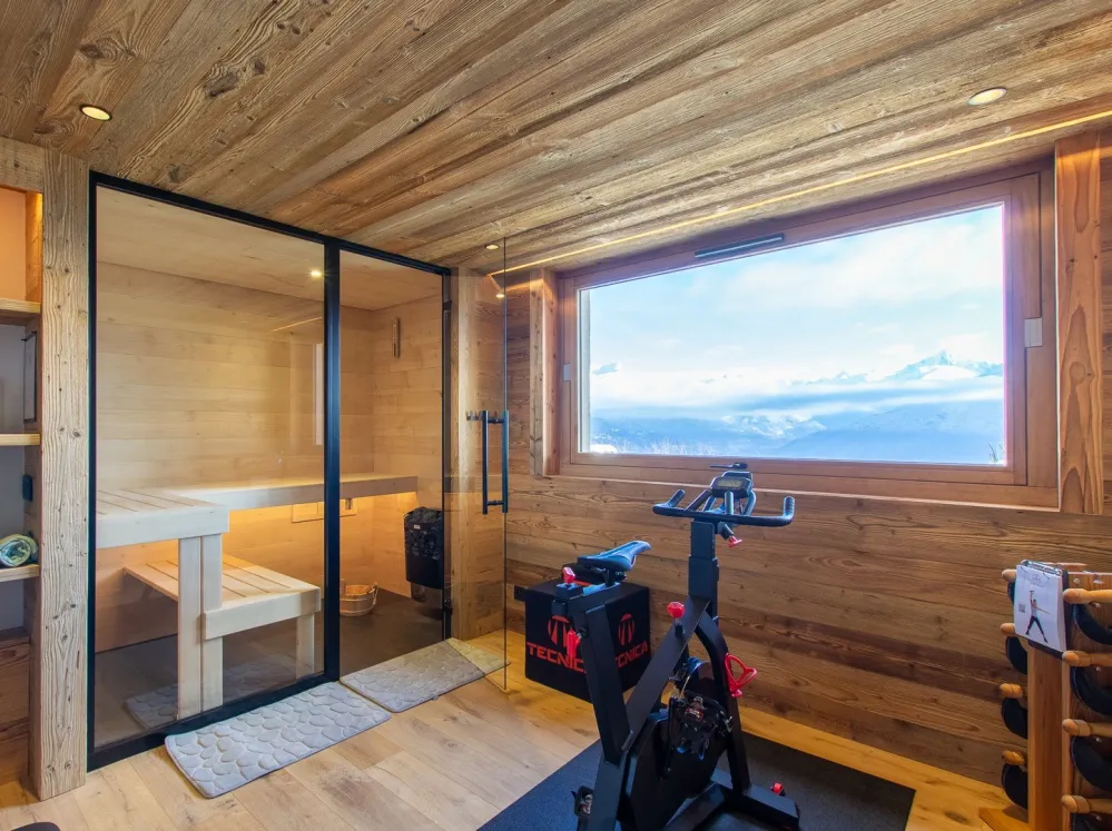 Salle de fitness avec vue panoramique Mont Blanc : 
- Sauna / Vélo / Haltères et banc de musculation / tapis de yoga