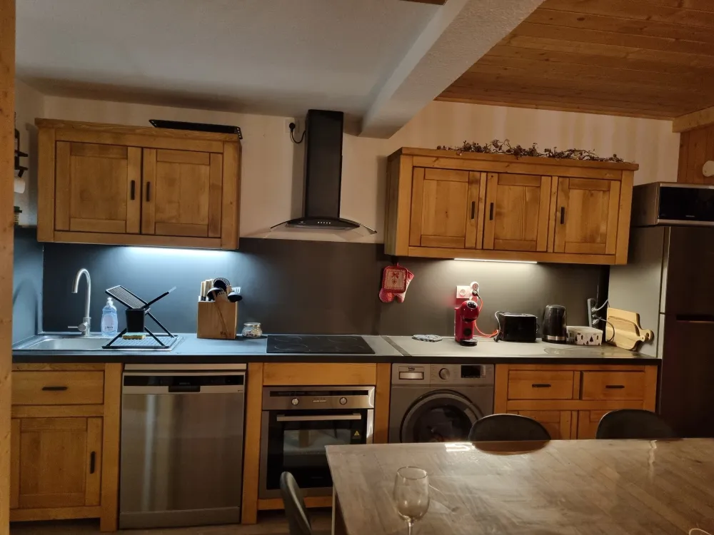 La cuisine avec des plaques électriques, un four, un lave vaisselle et un lave linge, un grand réfrigérateur et un micro-ondes 