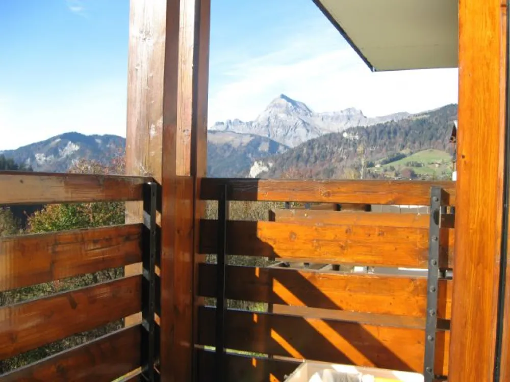Balcon exposé sud-ouest, avec vue sur le
mont Charvin, et la forêt.