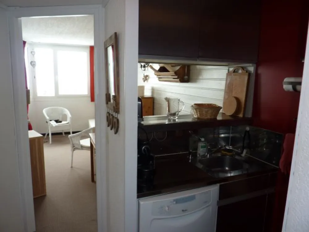 accès à séjour et à kitchenette coté gauche:lave vaisselle, évier, grille pain, expresso et cafetière, rangements