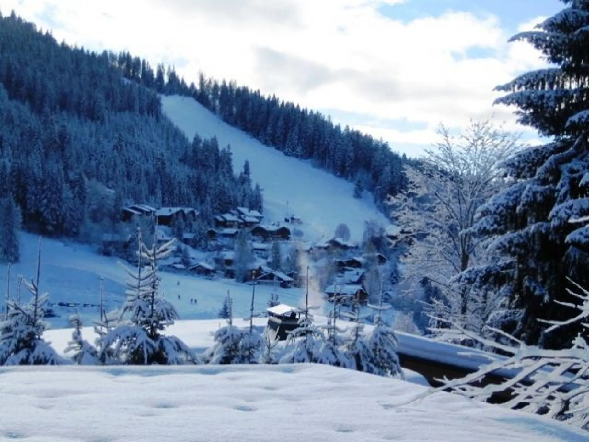Du salon: l'hiver, vue de la piste des Servages