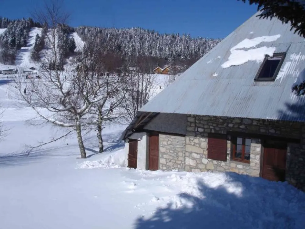 On aperçoit au fond les pistes de ski de piste. Les pistes de fond passent juste derrière les arbres au premier plan.