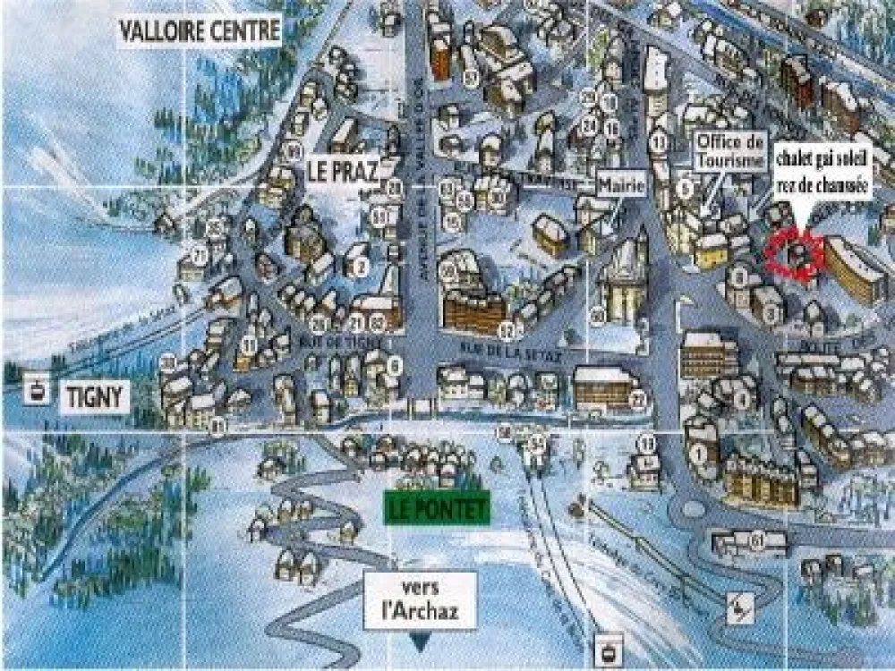Nous sommes au centre du village (en rouge sur la photo), à deux pas des différents services. deux places parking vous sont resèrvées.