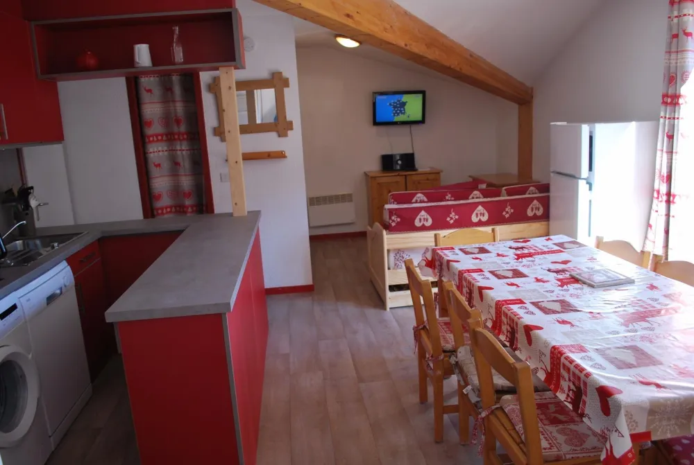 Vue générale de  la pièce à vivre avec coin cuisine et coin télévision
Grande table pour 8 personnes