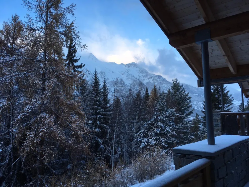 In winter: view from the balcony on the forest and the mountains.
