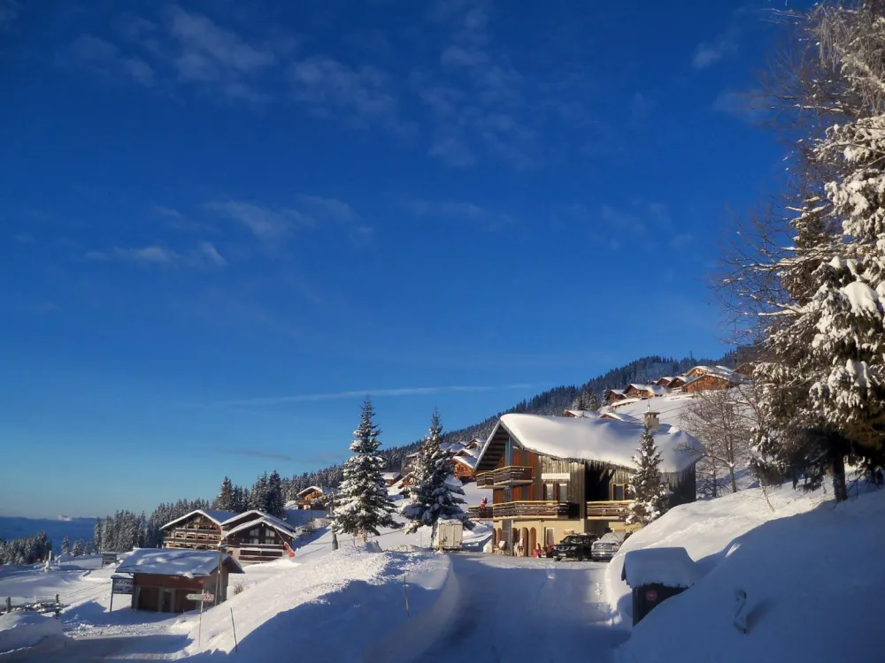 Accès au parking coté route, chalet en bordure de pistes de l'autre coté.