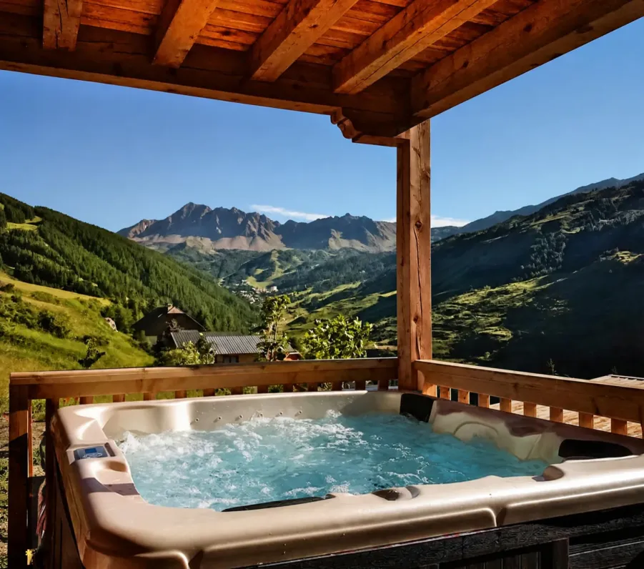 An outdoor 5-person hot tub heated year-round to 37°, perfect for relaxing in the sun with a view of the mountains after a wonderful day of hiking.