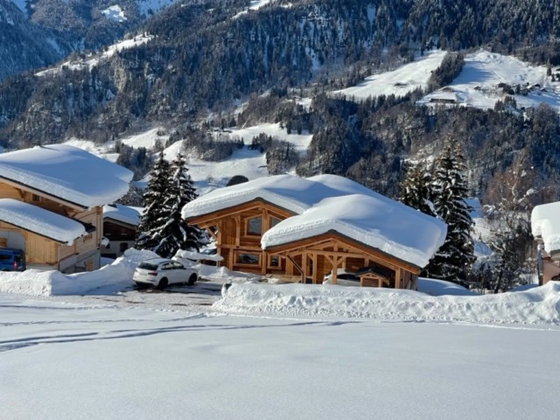 Vue du Chalet depuis la piste verte du domaine skiable.