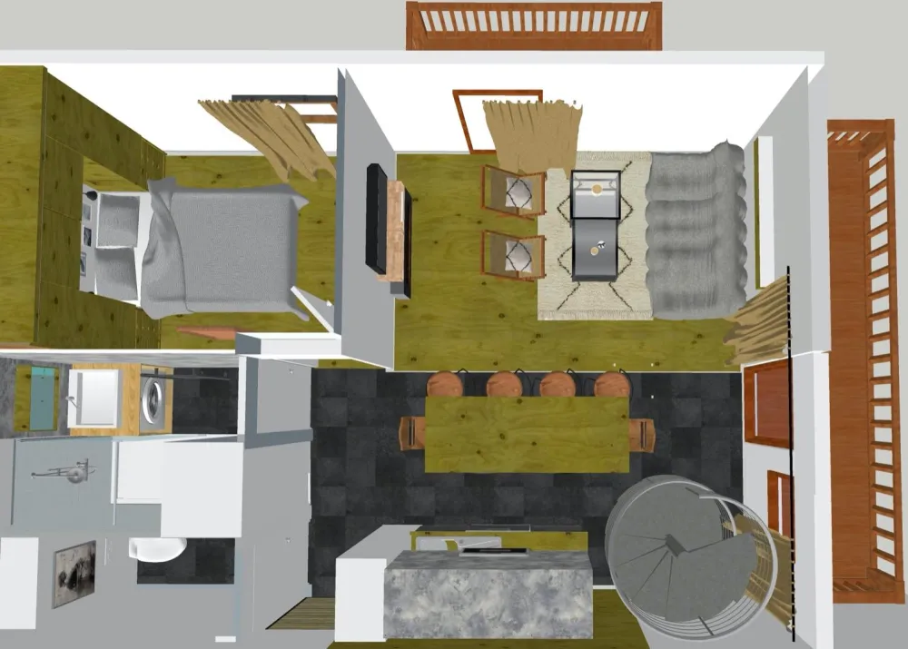 Floor Plan of the lower level after renovation, including 1 living space with open kitchen, island dining area and living room with electric fireplace.