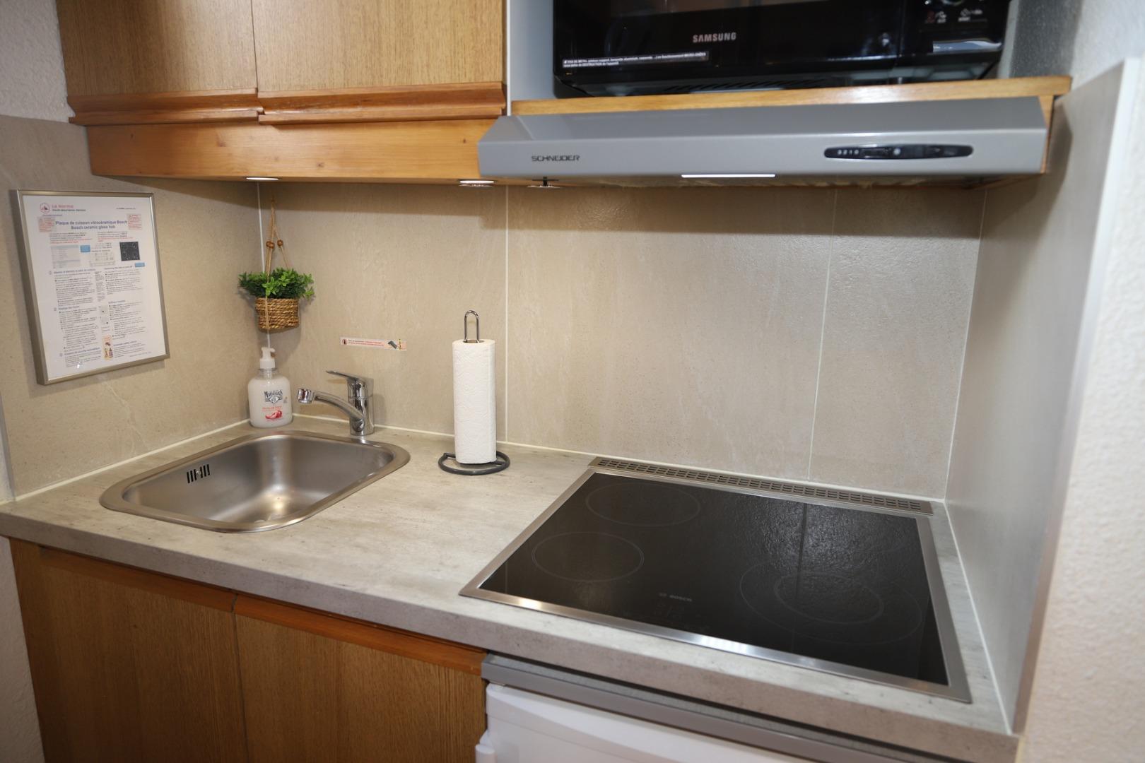 <b><font color="#FFFF00" size="3">Le plan de travail de la cuisine</font></b><br>. Evier inox, plaque cuisson 4 foyers, hotte aspirante<br>