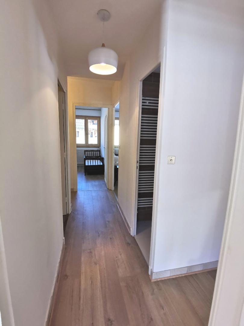 Couloir (vue de l'entrée du salon. WC et SDB sur la droite, puis 1ère chambre avec lit double. En face du couloir, 2e chambre avec lit double)