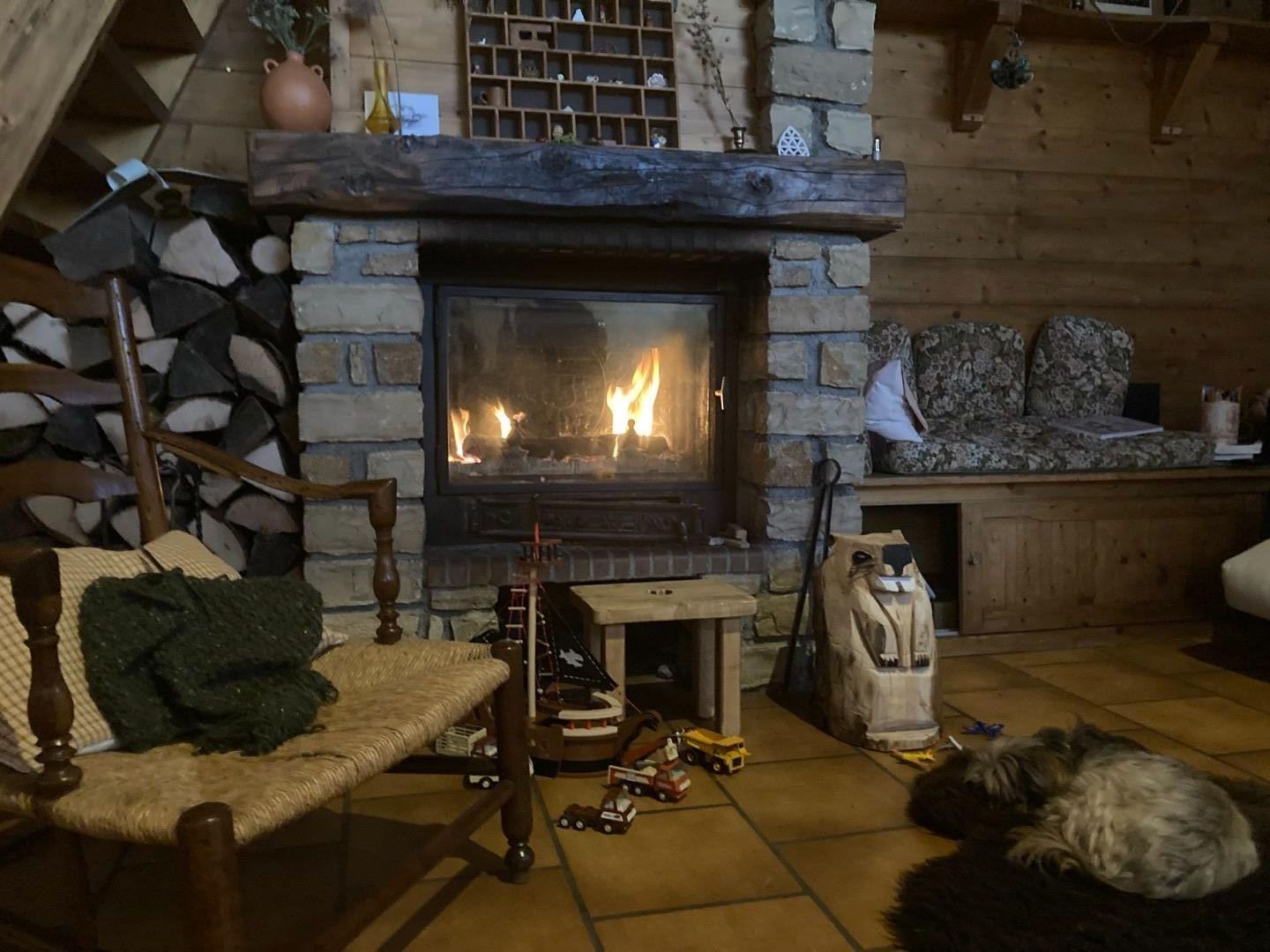 La cheminée dans la salle de vie. Insert. Stockage de bois à coté.