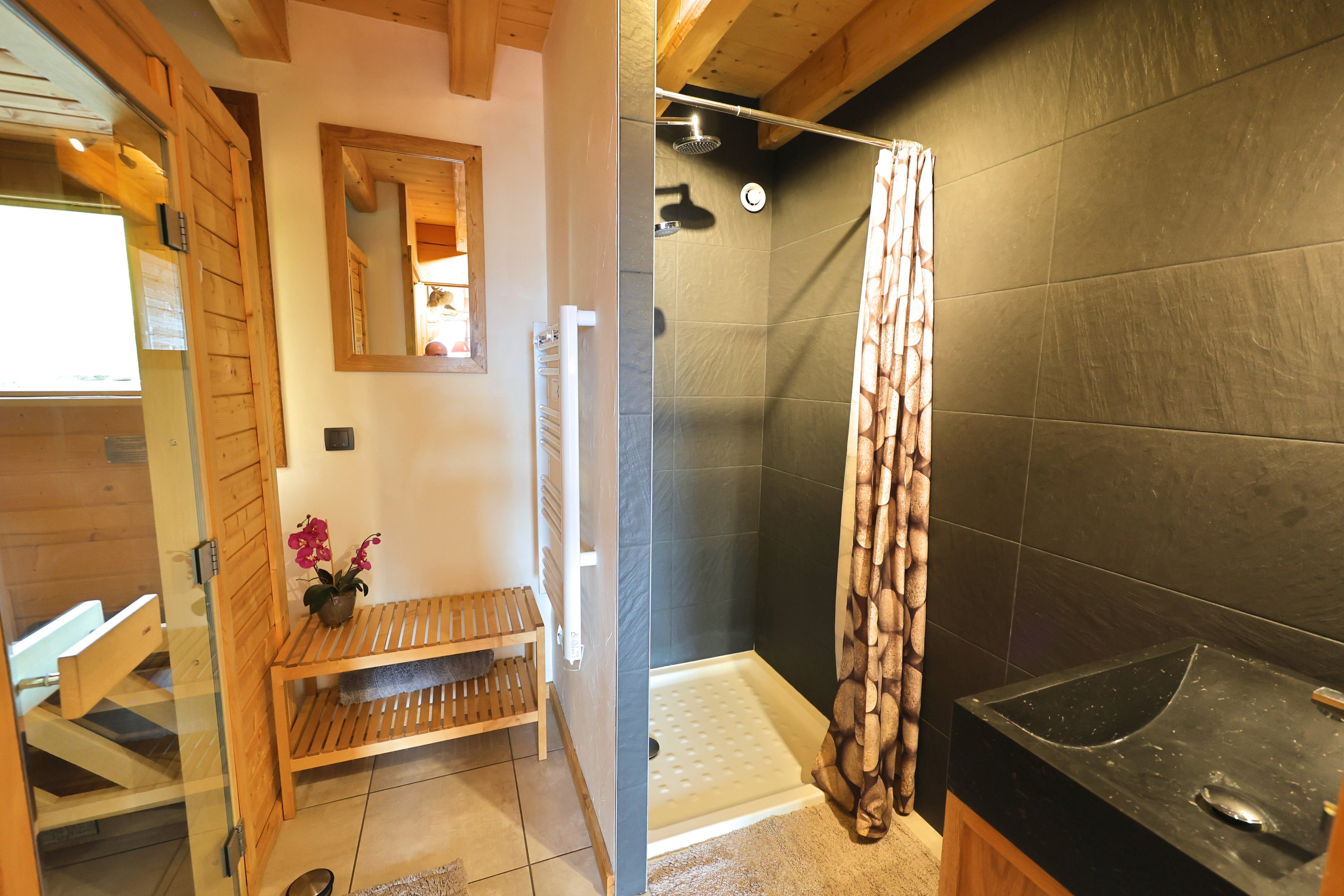 Salle de bain, douche, lavabo et sauna