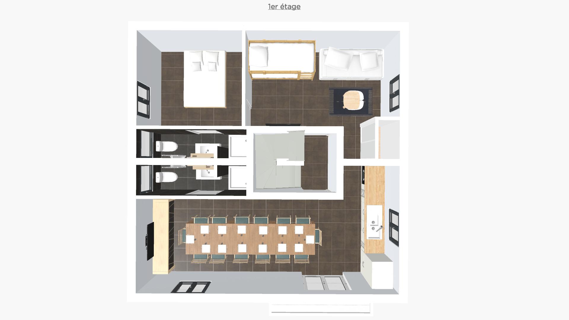 Au 1er étage, la cuisine séjour avec balcon, une chambre adulte et le dortoir des enfants.