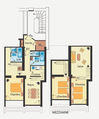 plan de l'appartement : rez de chaussée (gauche) et duplex (droite)