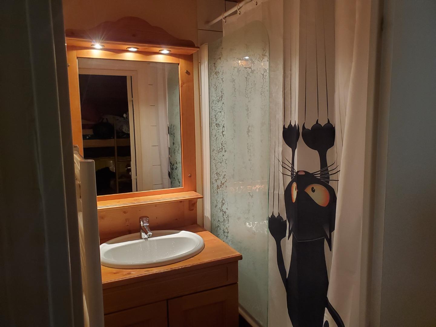 salle de bain (baignoire) avec sèche-serviettes, sèche-cheveux
