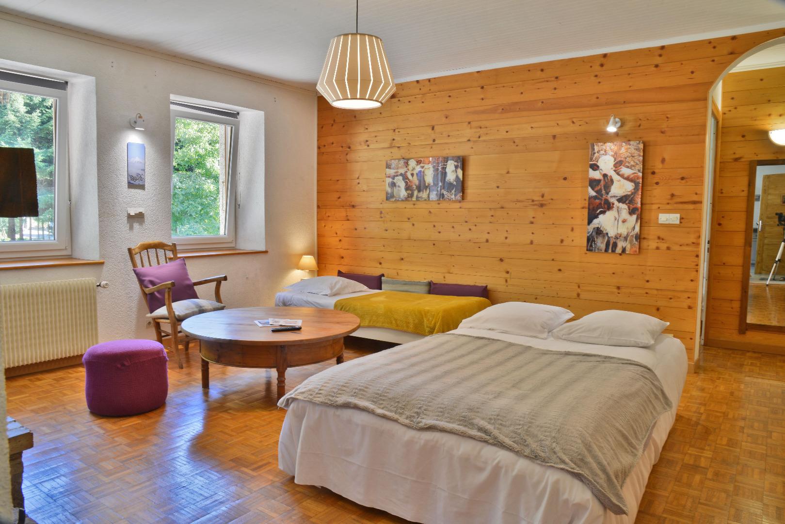 Le salon avec lits convertibles ouverts.