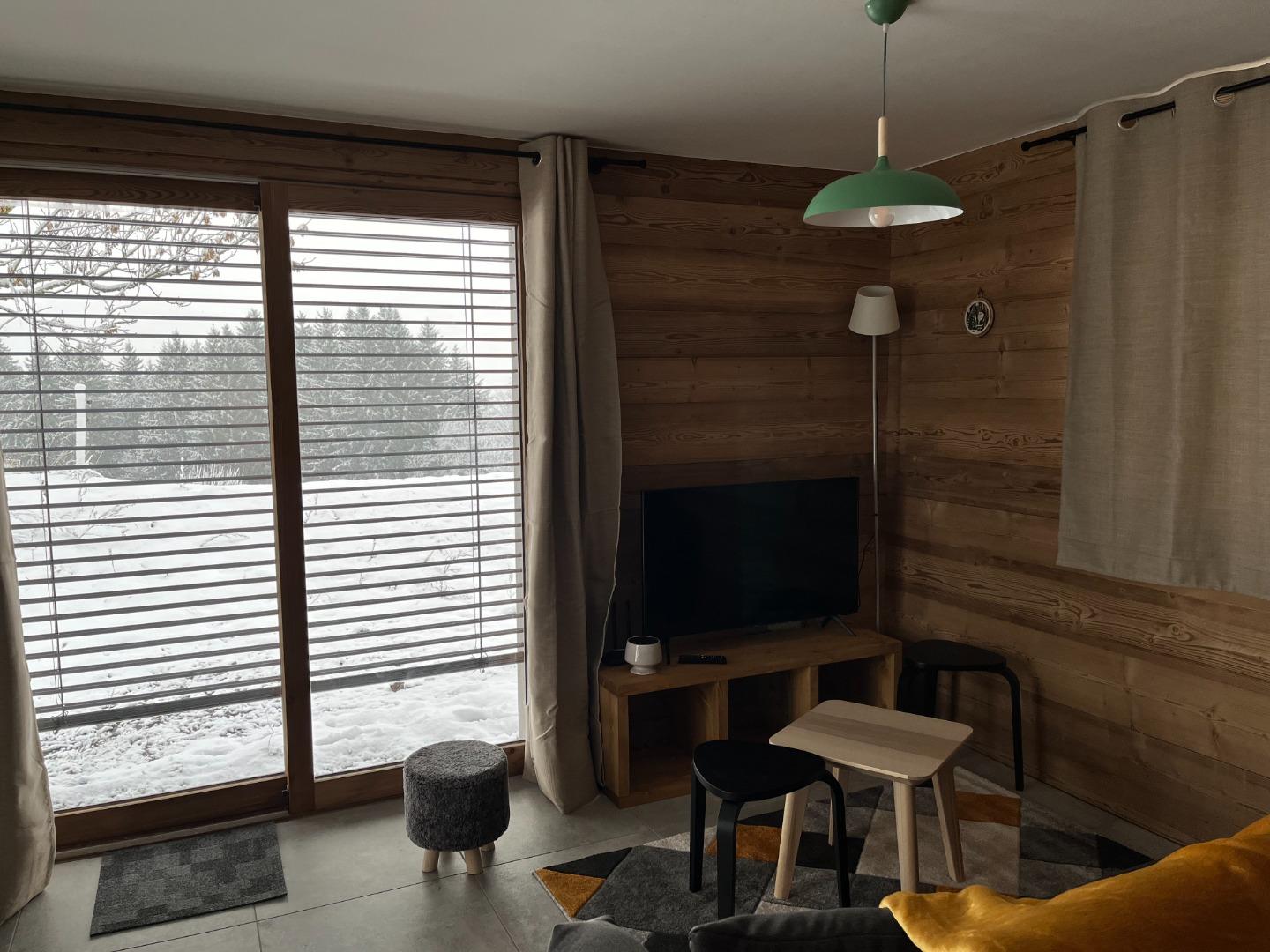 baie ouest accès direct sur champ de neige piste de luge, aucun vis à vis , brises soleil orientables, sur les 2 baies. TV, WIFI.