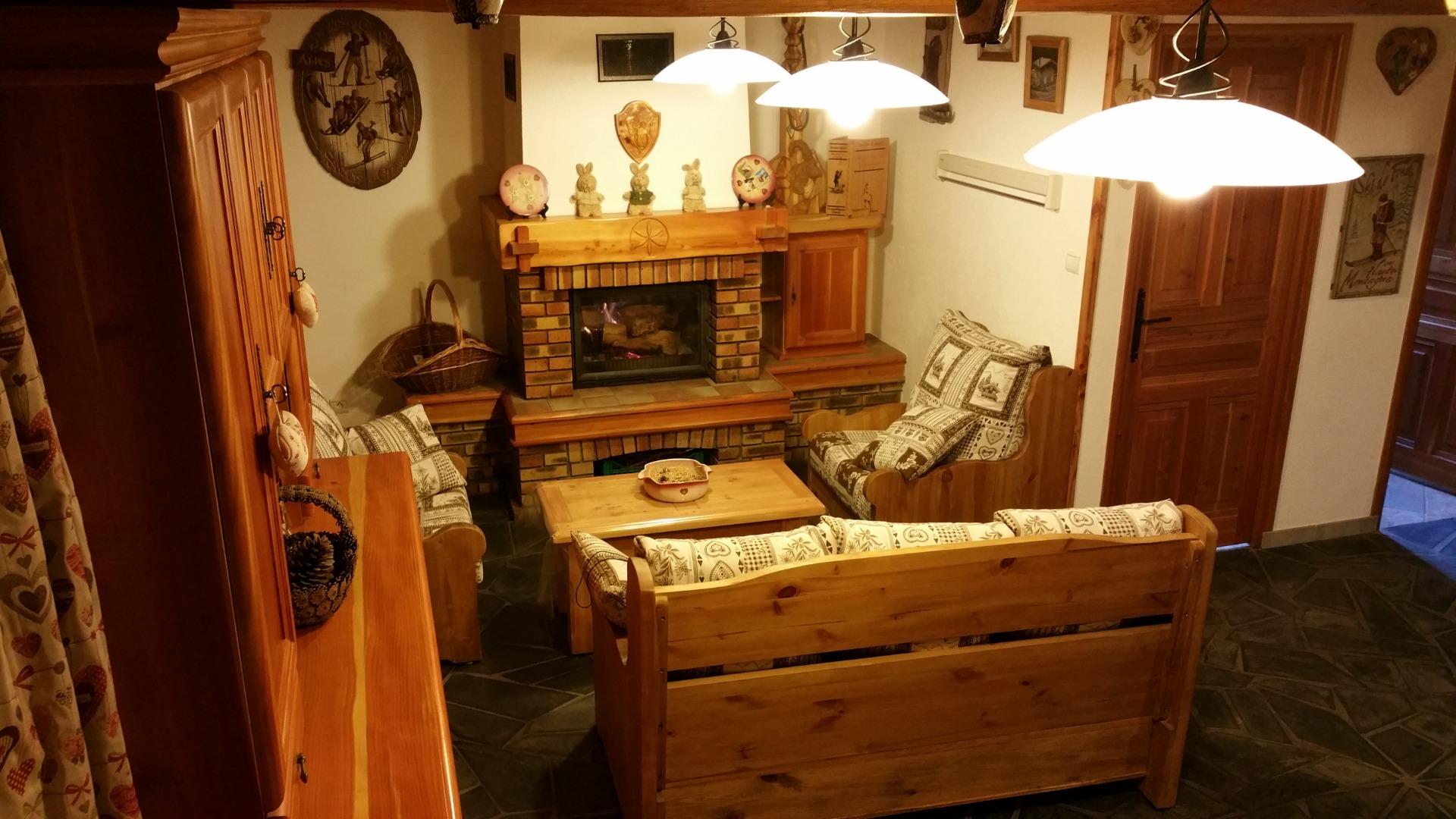 Le salon avec cheminée et bois fourni.