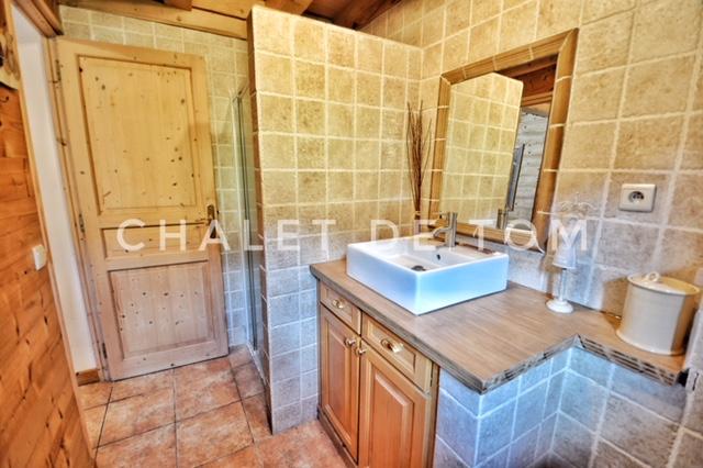 Coin lavabo et douche avec les toilettes 