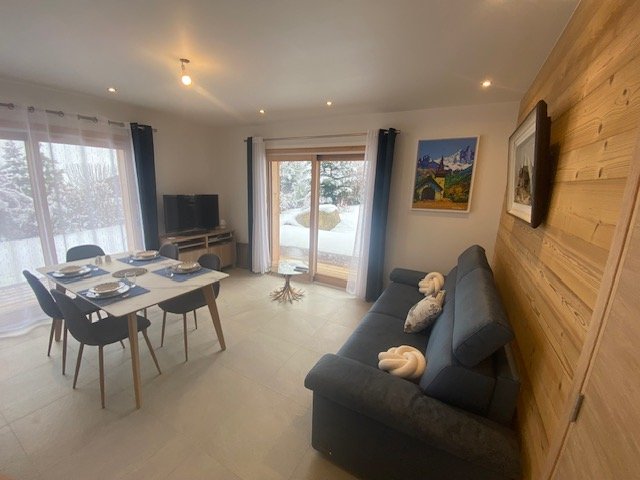 Séjour très clair en rez de jardin, ouvrant sur une grande terrasse. canapé convertible très confortable largeur 160 cm.