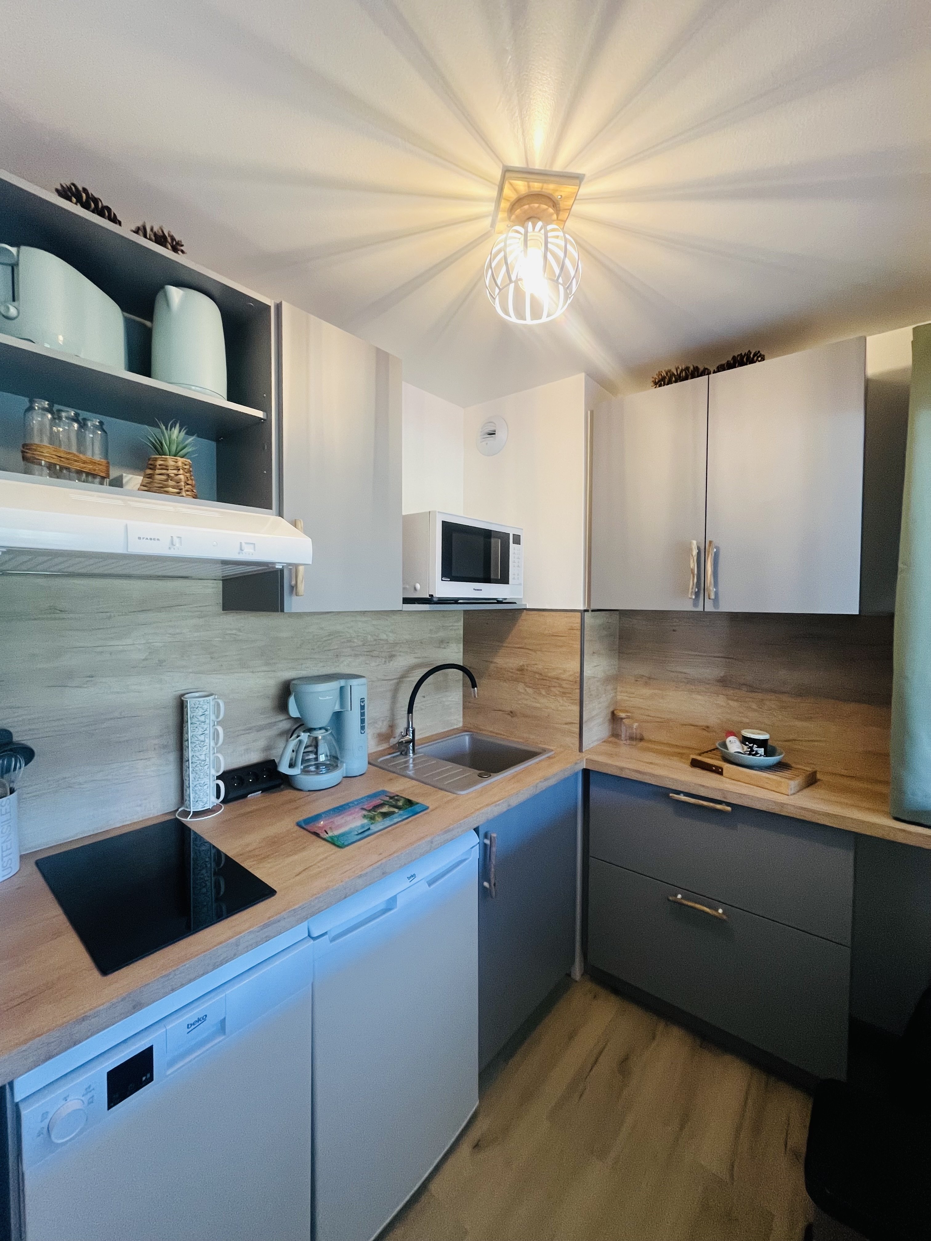 Cuisine fonctionnelle et très bien équipée : lave-vaisselle, frigo avec congélateur, four multifonction avec fonction air fryer, vaisselle soignée...