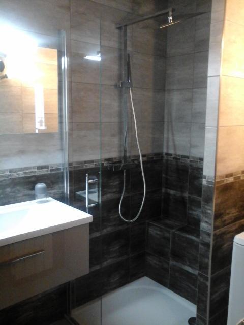 salle de bains  avec douche , lavabo et lave- linge