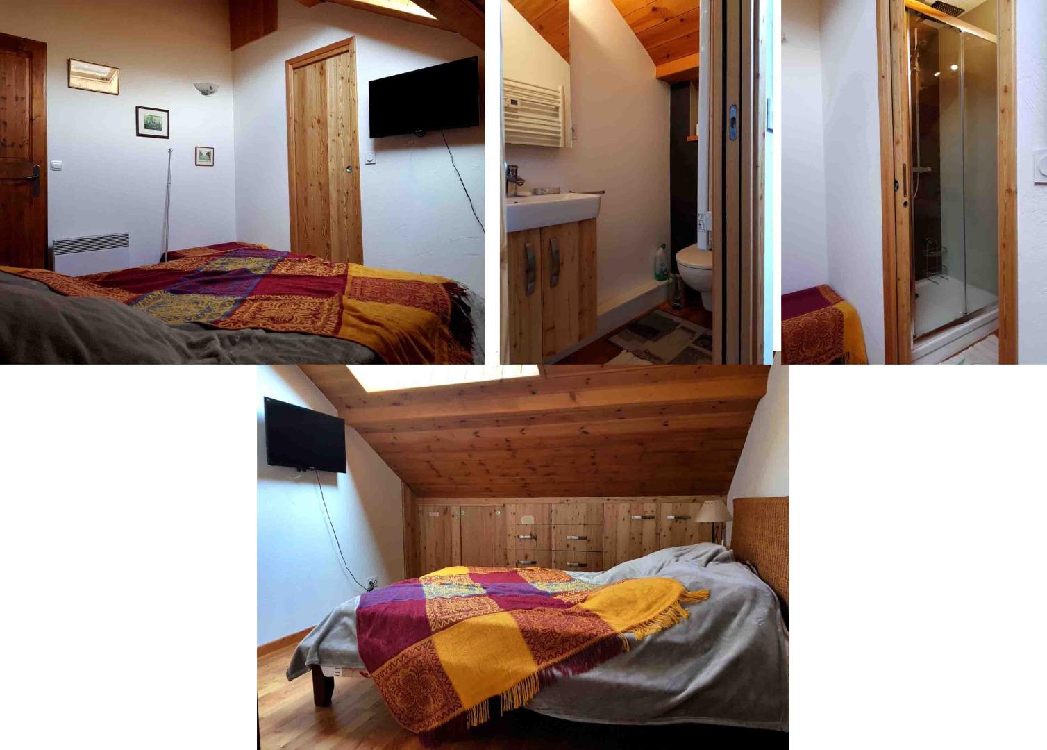 Vue globale de la chambre avec télévision, placards, salle d'eau avec douche, sèche-linge, Toilettes et lavabo