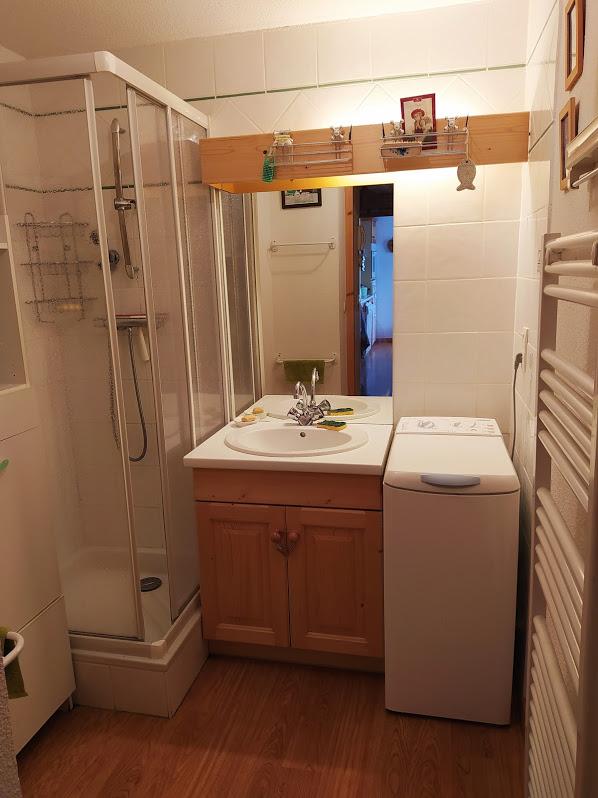 Salle de bain avec douche et machine à laver + séchoir électrique
Placard de arrangement et BAC lingerie sale