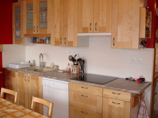La cuisine équipée d'un évier double bac, d'une plaque vitrocéramique, d'un lave vaisselle, four, grille pain...