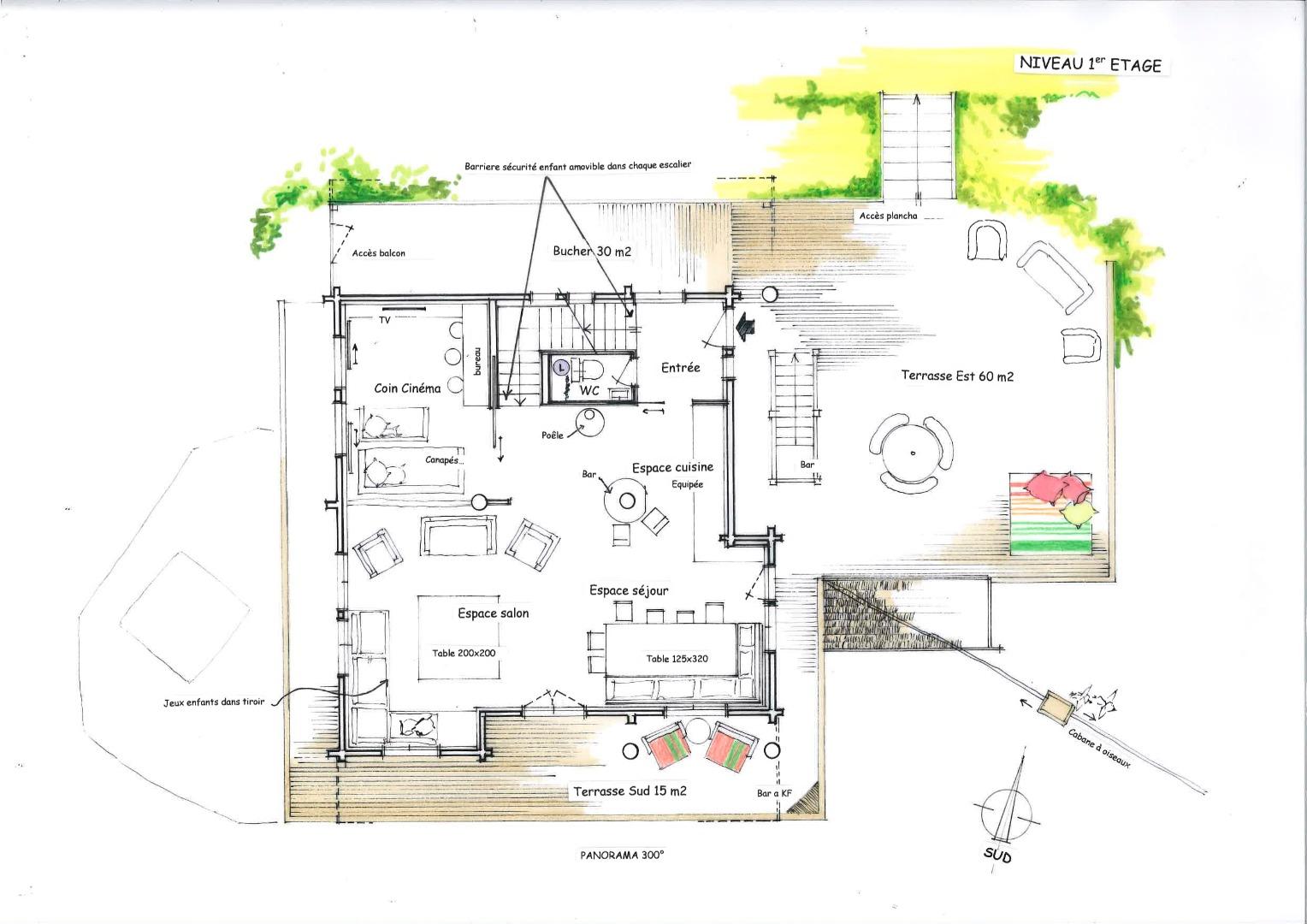 Le plan présente la grande pièce de vie 110m2. Au même niveau se trouve le bûcher et terrasse bois. 