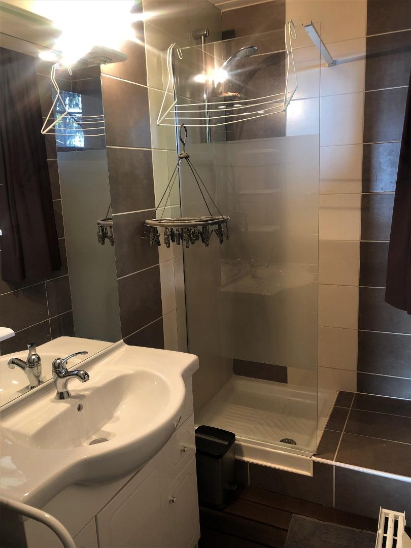 Salle d'eau avec douche et lavabo privative à la chambre verte.