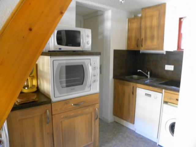 la cuisine avec four, micro-ondes, plaques vitrocéramiques, lave-linge et lave-vaisselle. Le réfrigérateur- congélateur est derrière le four.