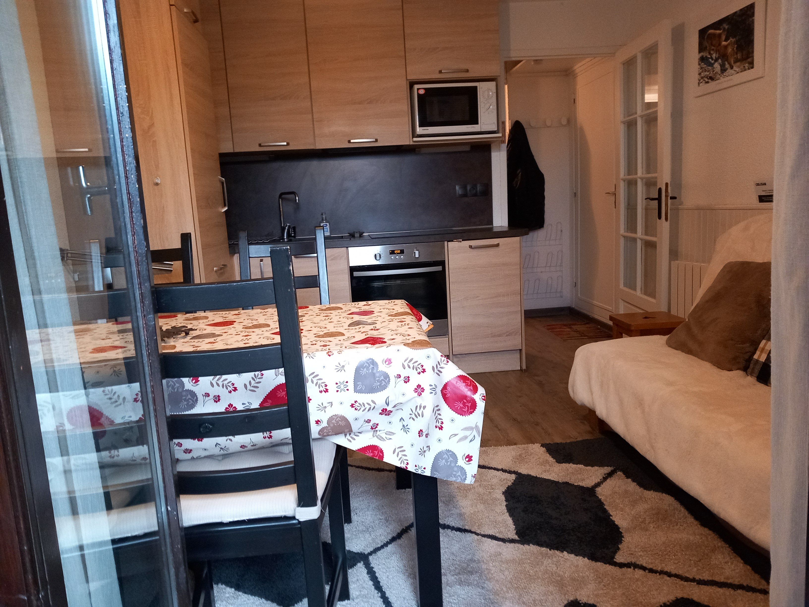 Vue depuis la porte fenêtre et balcon. Cuisine rénovée avec un grand four, grand frigidaire et plaque à induction.