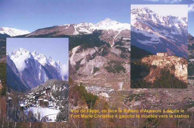 Vue du balcon de l'appt, à gauche la montée vers la station, à droite le Fort Marie Christine avec sont restaurant Gastronomique,en face le village du Bourget
au milieu le Rateau d'Aussois alt 3331m encore enneigé en juillet;