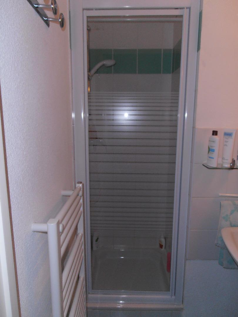 La salle d'eau avec lavabo, douche et radiateur sèche serviettes