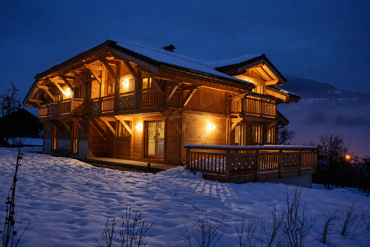 Le chalet de l’Ours Blanc à l’heure bleue, chaleureux et entièrement privatif, à seulement 250 m de la télécabine de Morillon.