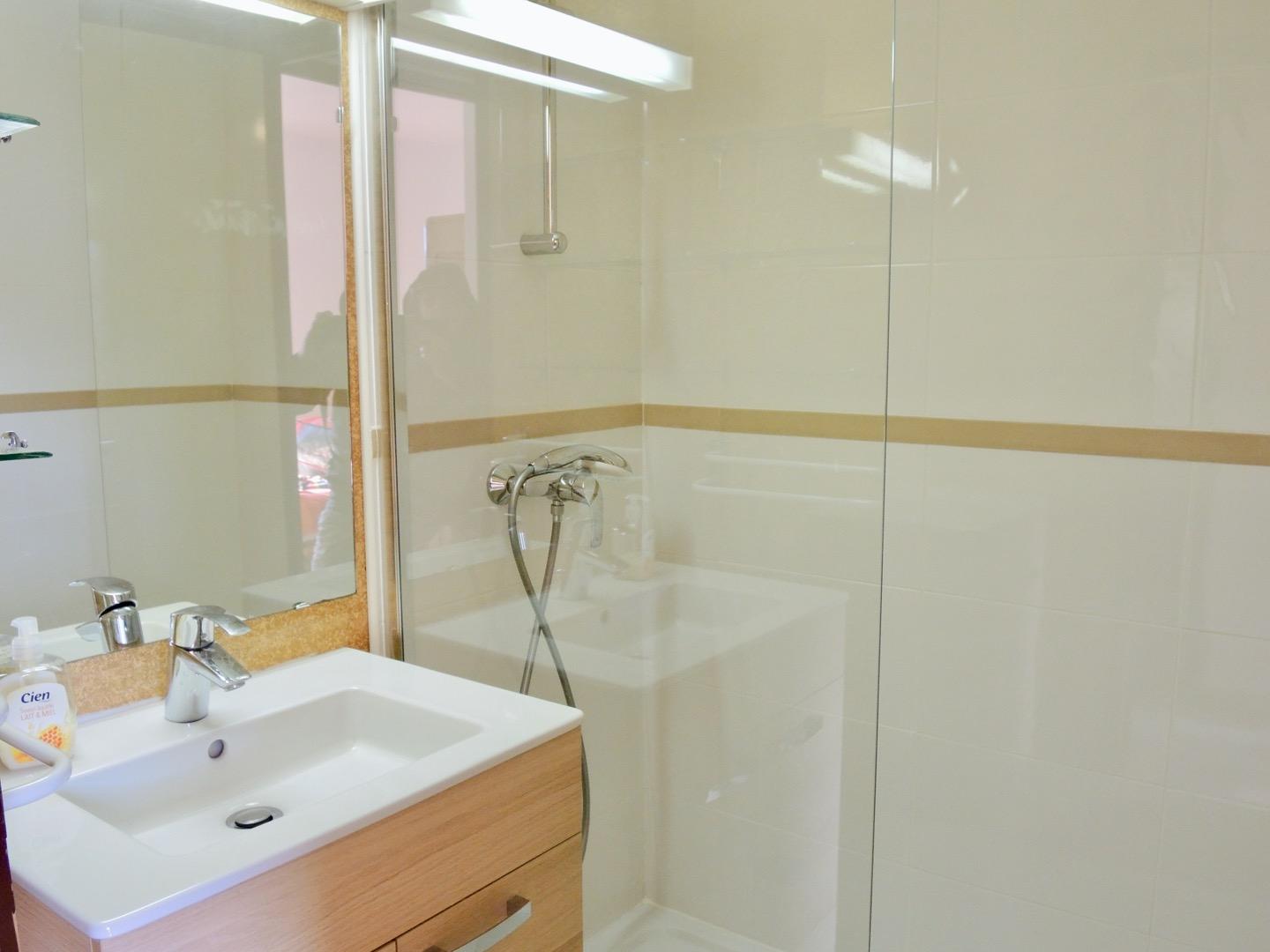 La salle de douche, son lavabo avec son meuble de rangement.