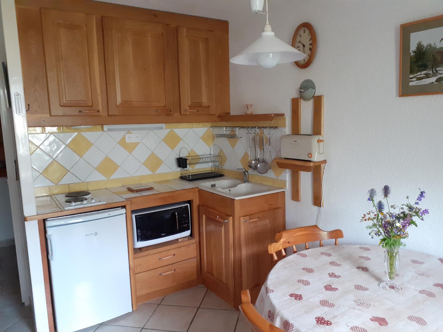 Coin cuisine salle de séjour. Frigo, deux plaques chauffantes, micro-onde multi-foncions, grille-pain, cafetière, bouilloire électrique. 