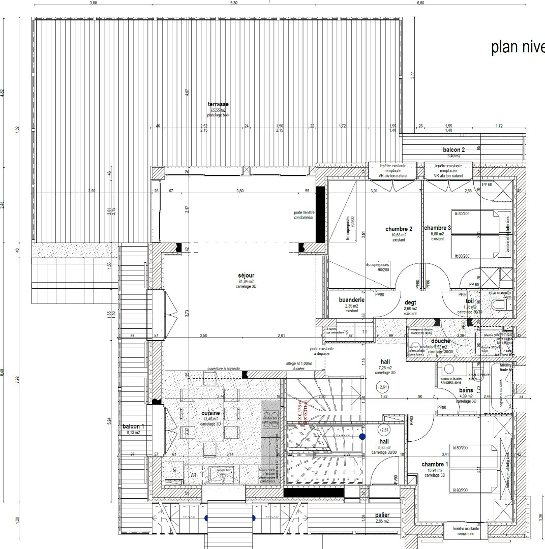Le plan de l'appartement du Renard présente l'agencement des pièces , terrasse et balcons du 1er étage, et les surfaces correspondantes. L'entrée et le local à skis situés au Rez de Chaussée n'apparaissent pas sur ce plan.