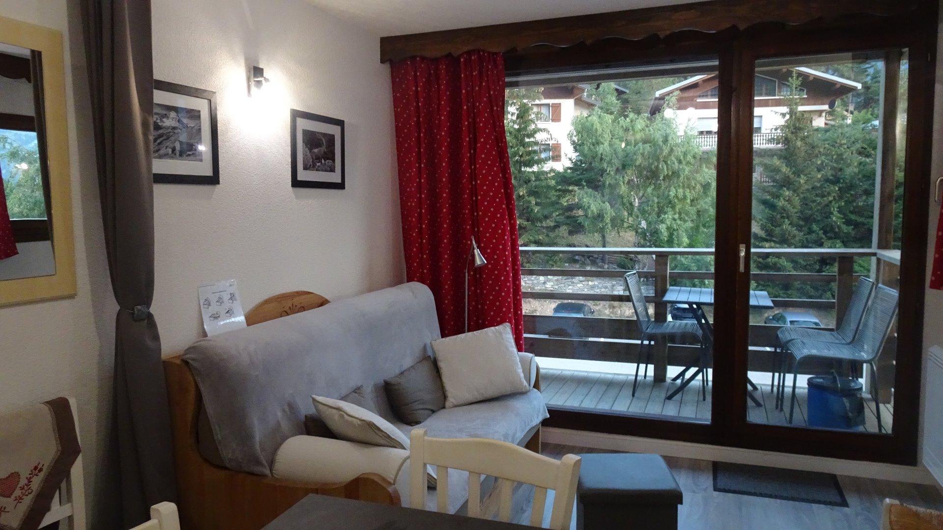 PIECE DE VIE AVEC CANAPE LIT RIDEAU POUVANT ETRE TIRE  BALCON DONNANT SUR PARKING ET LES SAPINS (le calme)