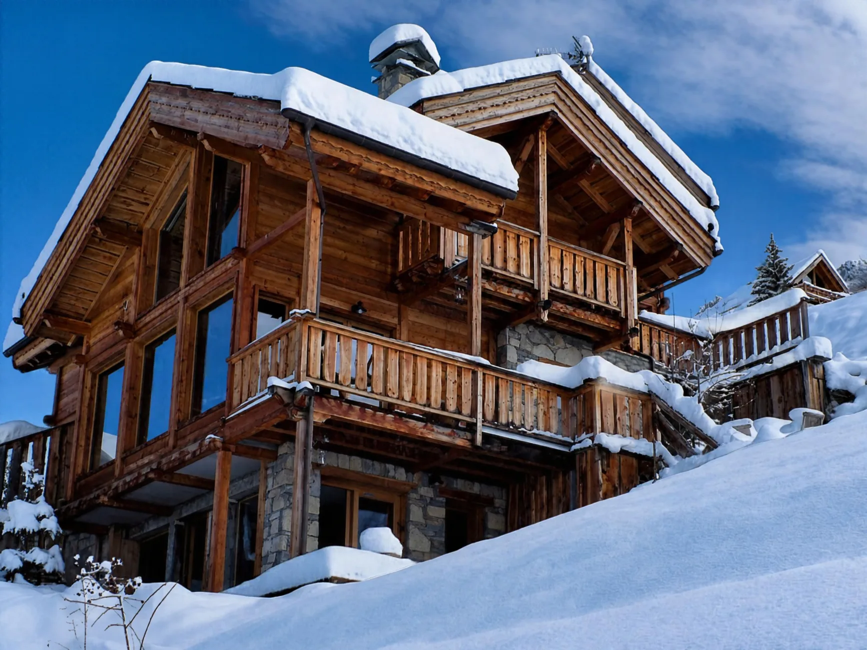 Chalet D à Vars en hiver, grand chalet en bois et pierre sur trois niveaux, toits et balcons recouverts d'une épaisse couche de neige fraîche, grandes baies vitrées et sapins enneigés sous un ciel bleu