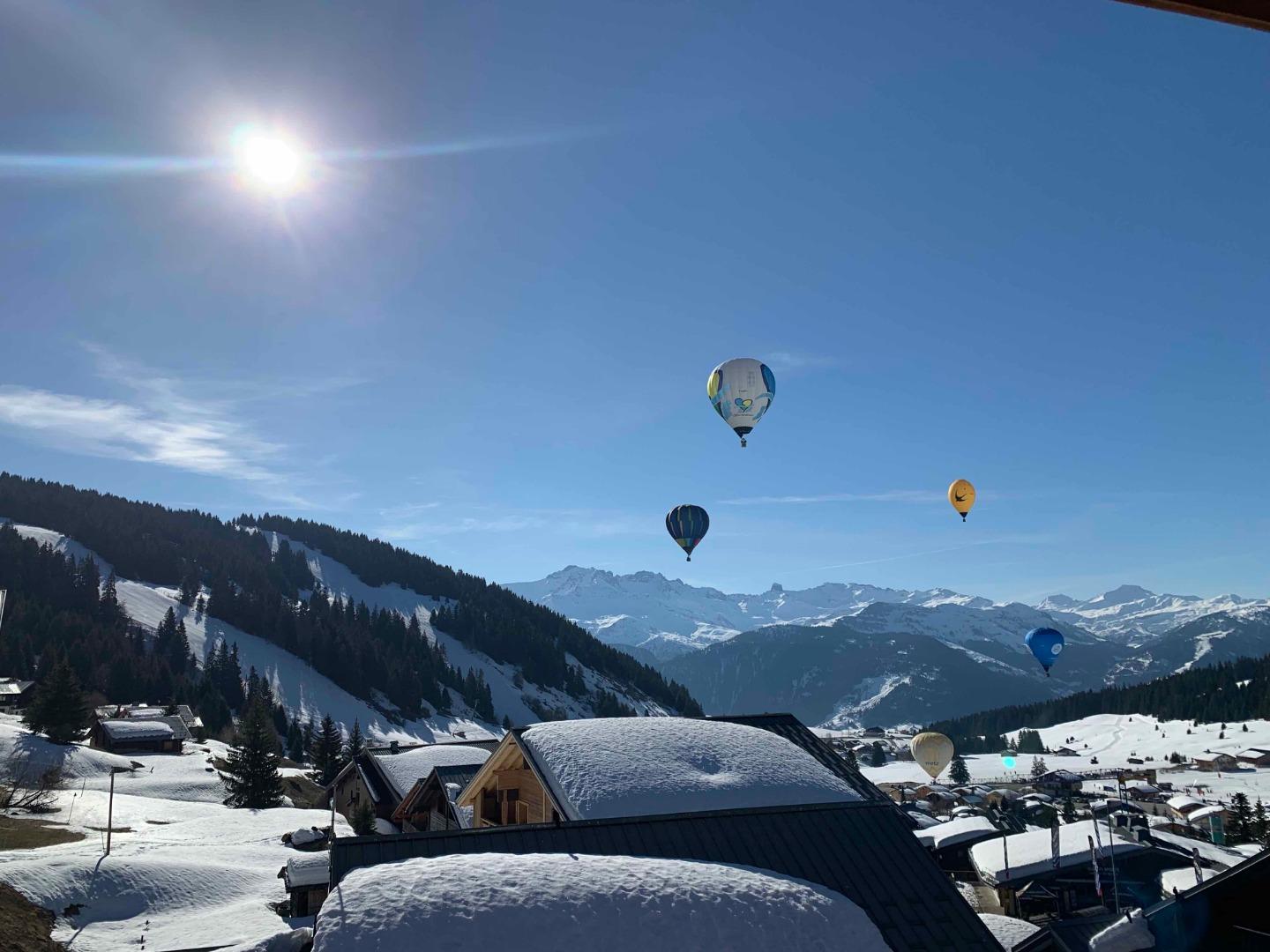 Vue depuis le balcon, sans zoom. La chaine de montagne, la pierra menta, le soleil qui baigne l'appartement. Un endroit privilégié avec les montgoflières, tous les ans aux Saisies.