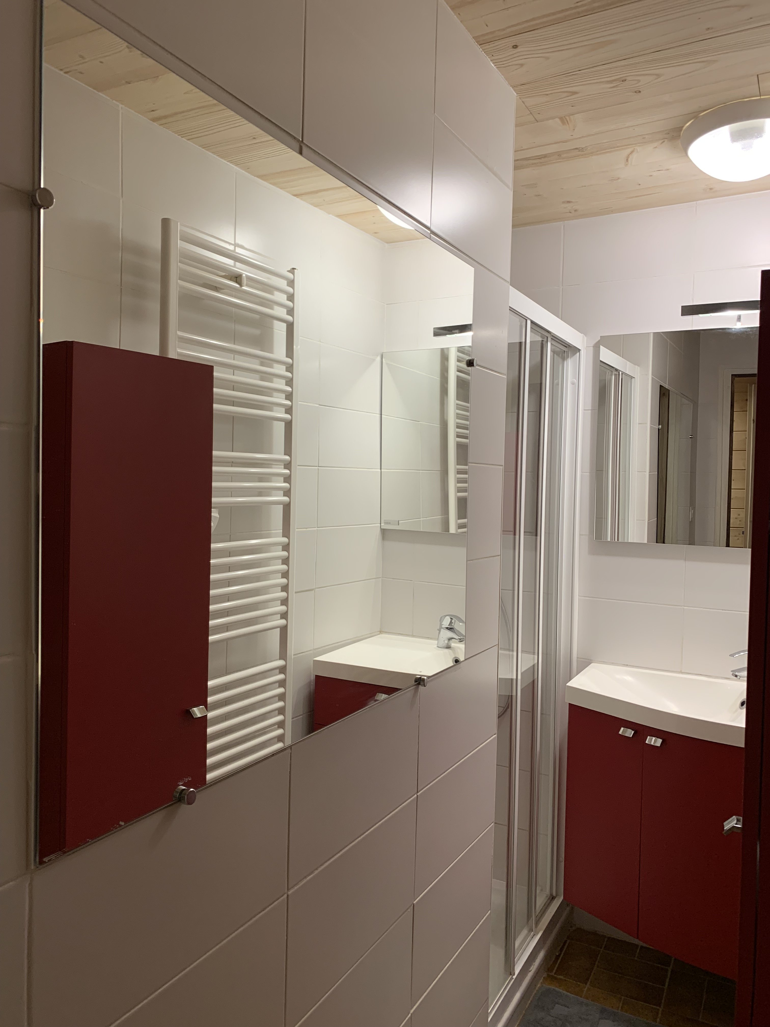 L'ALPAGE : salle d'eau avec douche, vasque, sèche serviettes, sèche cheveux et placards