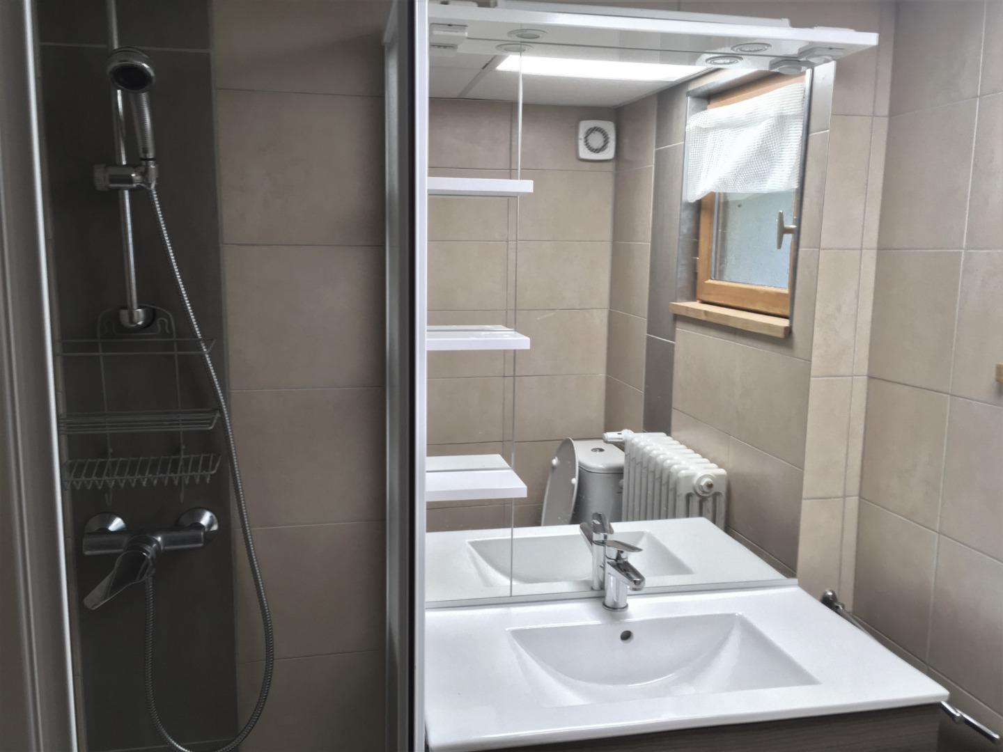 Salle d'eau au rez de chaussée, douche, lavabo, toilette.